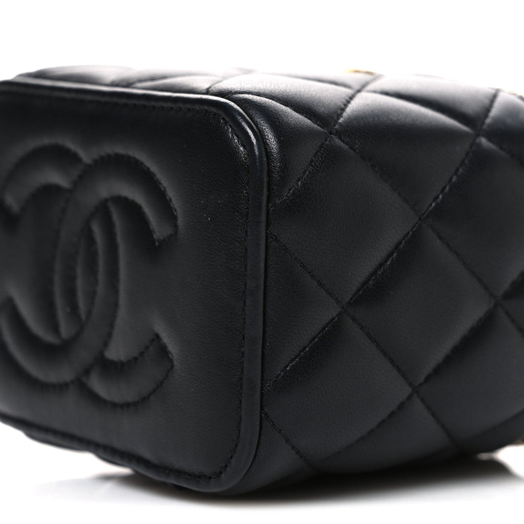 Lambskin Quilted Metal Mini Top Handle Vanity Case With Chain Black