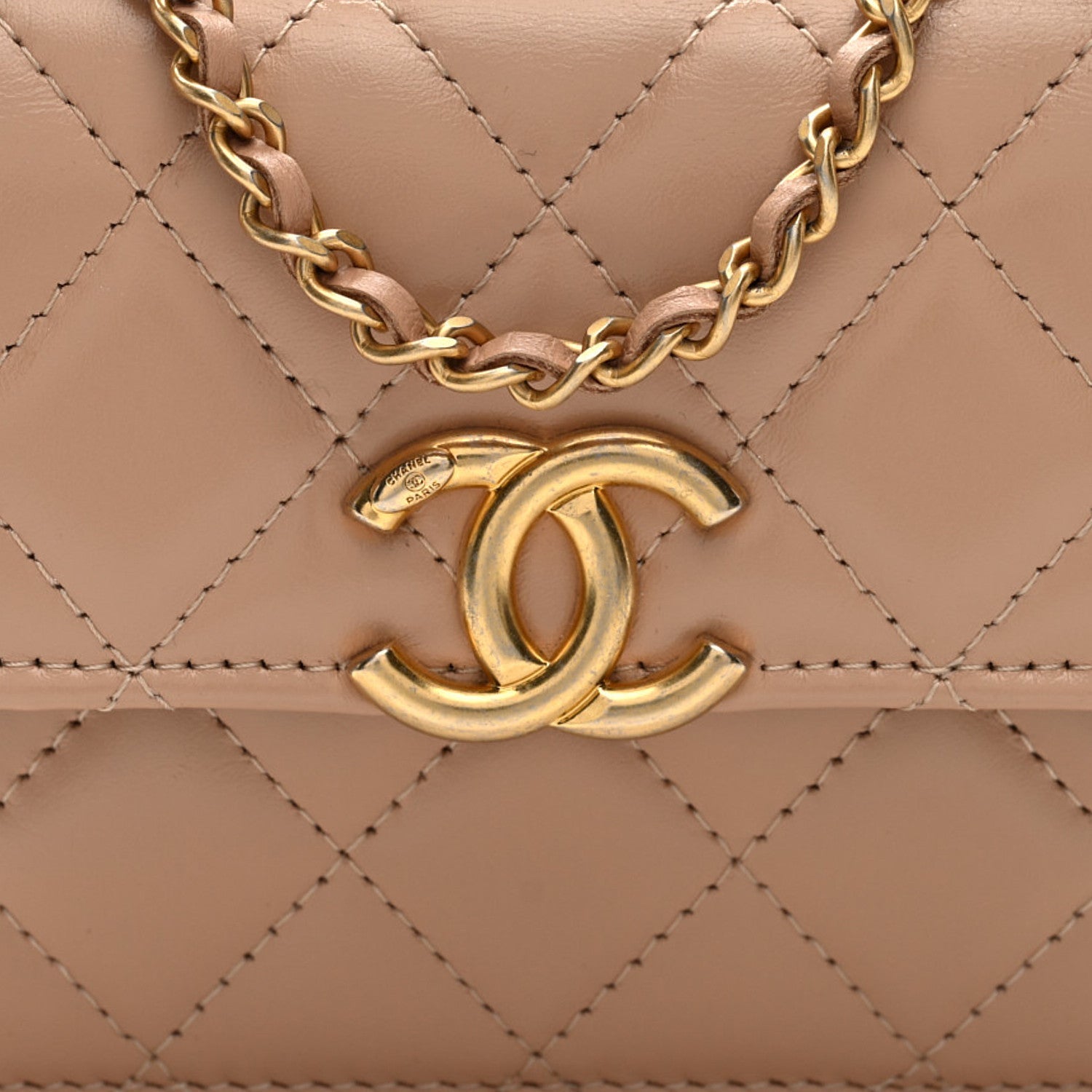 Calfskin Quilted Perfect Fit Coin Purse With Chain Beige