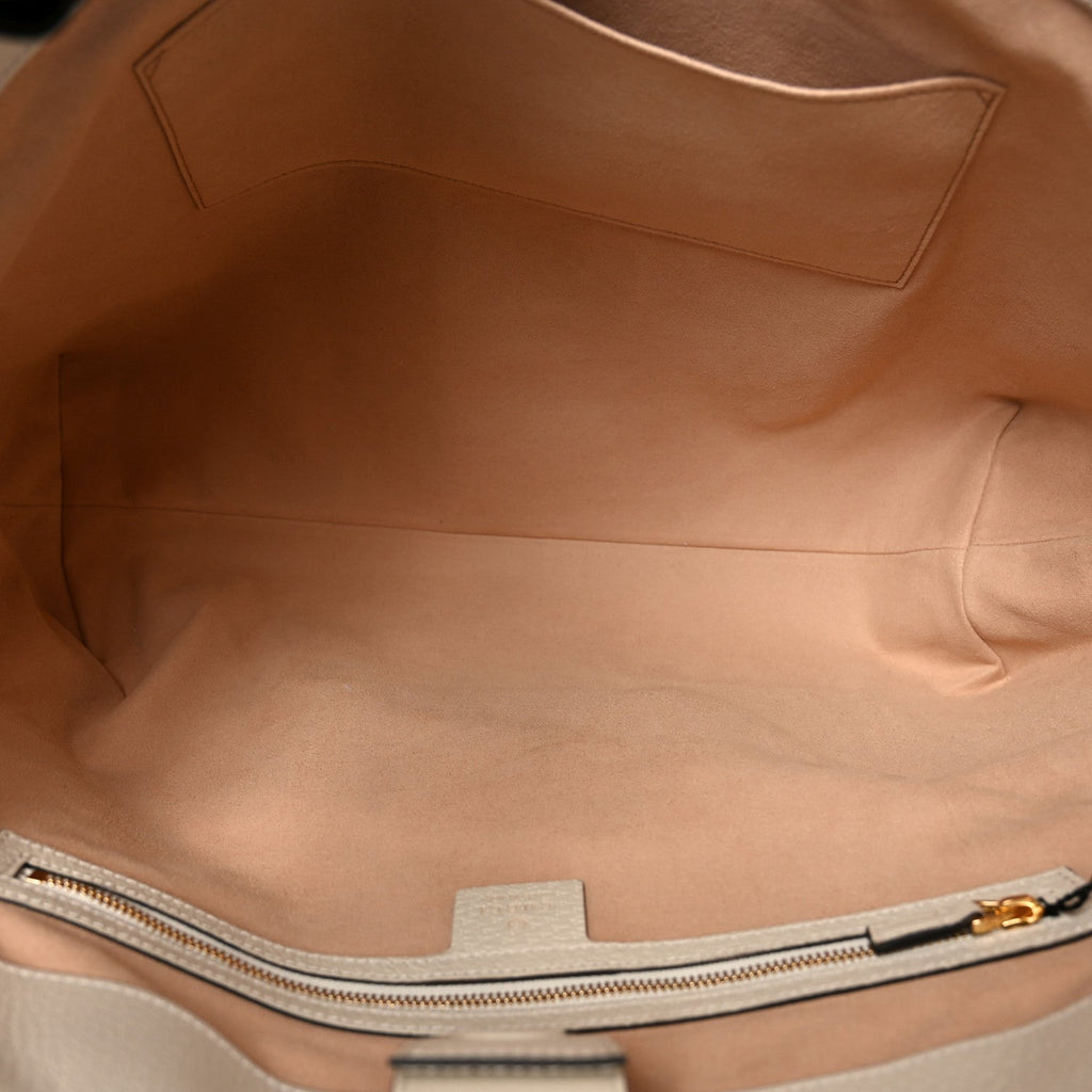 GG Supreme Monogram Textured Dollar Calfskin Web Medium Ophidia Shopping Tote Beige Ebony Mystic White