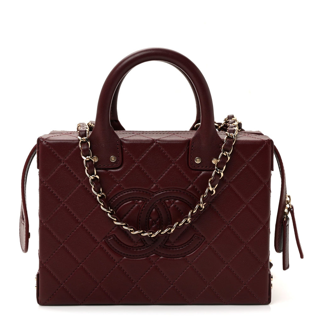 Calfskin Quilted Studded Square Vanity Case Burgundy