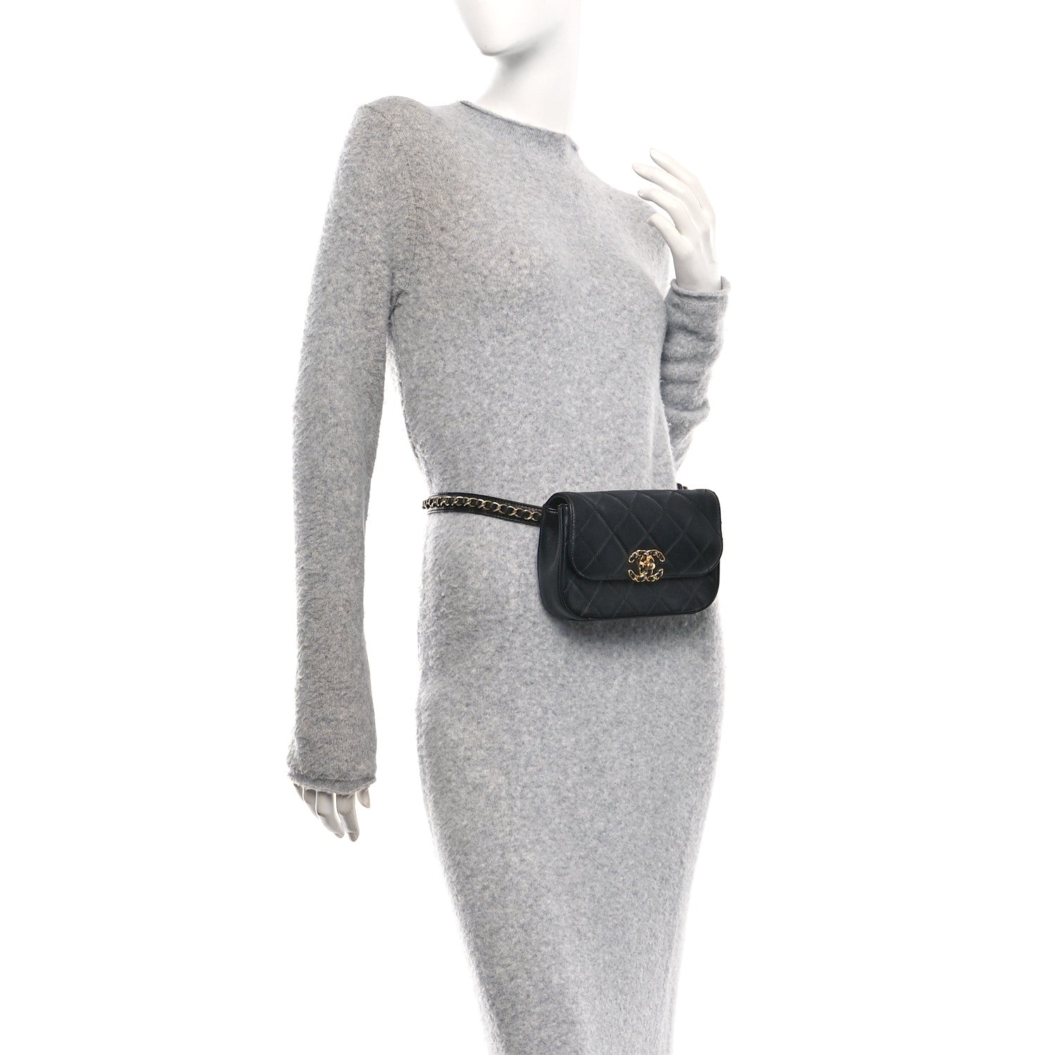 Lambskin Quilted Chain Infinity Waist Belt Bag Black