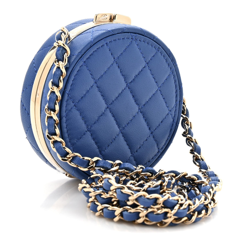 Lambskin Enamel Quilted Round Poker Chip Clutch With Chain Blue White