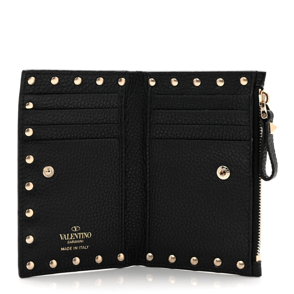 Pebbled Calfskin Rockstud Coin Case  Holder Black