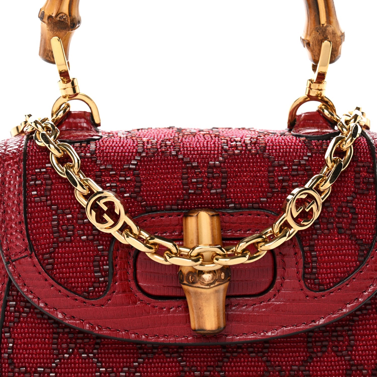 Moire Fabric Calfskin Rhinestone Monogram Monochrome Lizard Embossed Mini Bamboo 1947 Top Handle Chain Bag Red
