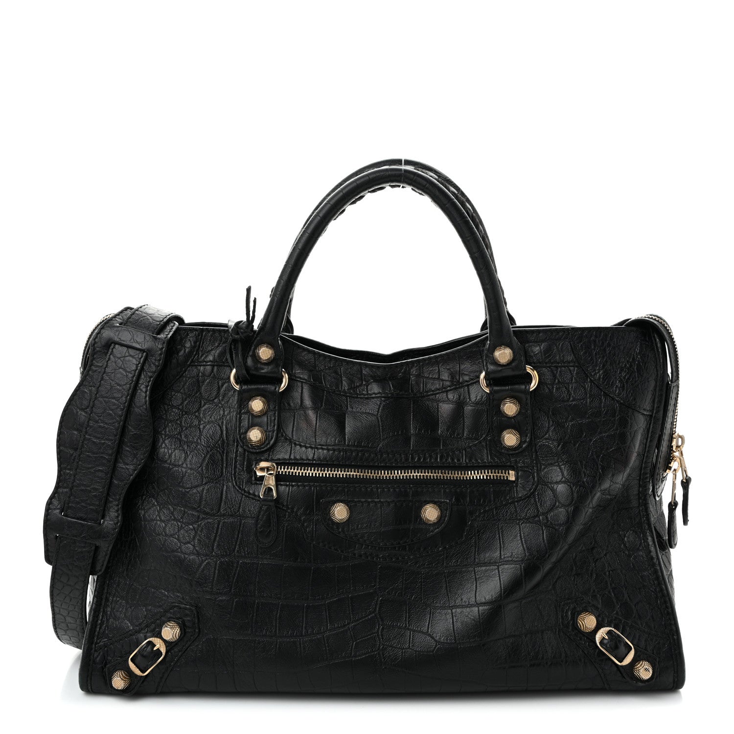 Calfskin Crocodile Embossed Giant 12 Gold Hardware City Black