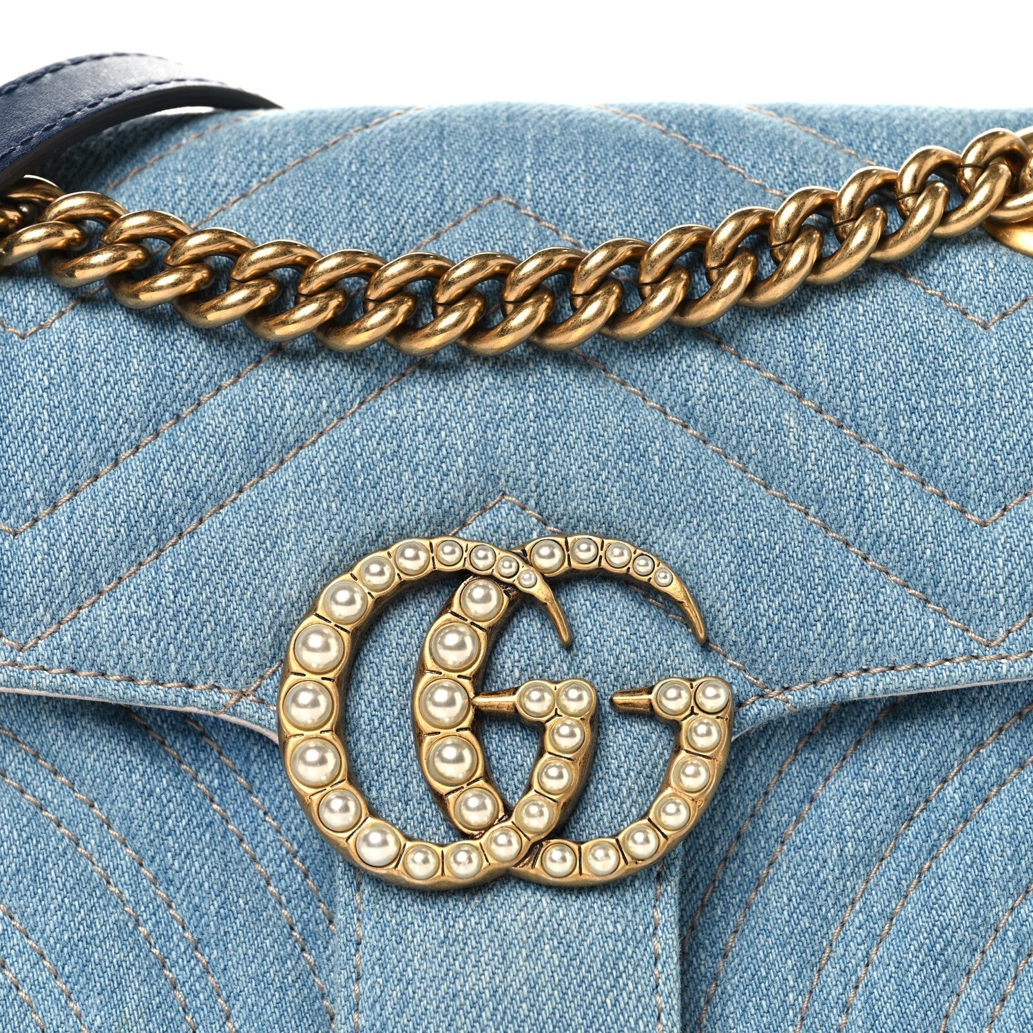 Denim Matelasse Mini Pearly GG Marmont Shoulder Bag Blue