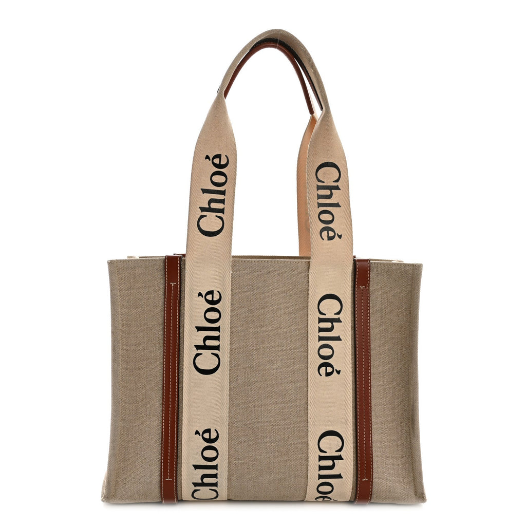 Linen Calfskin Medium Woody Ribbon Tote White Brown