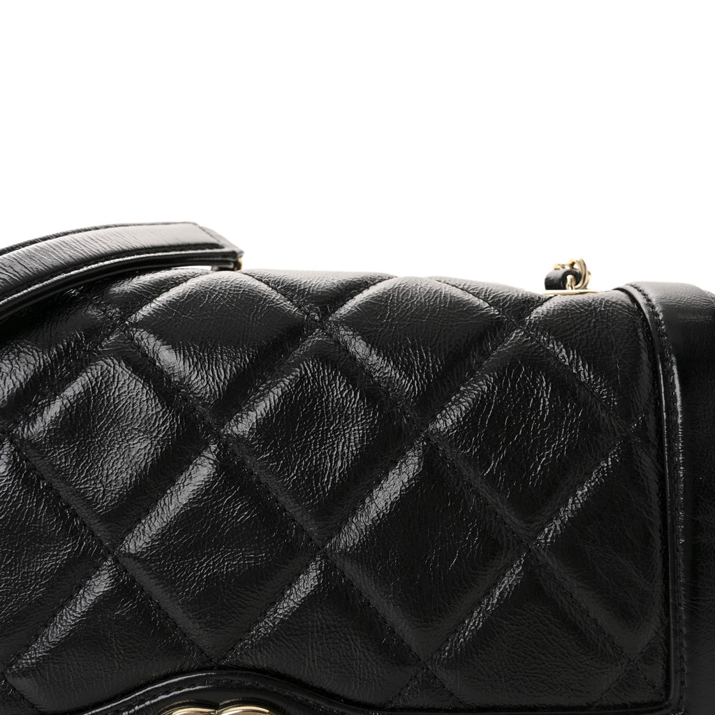 Crumpled Glazed Lambskin Quilted Small Flap Black