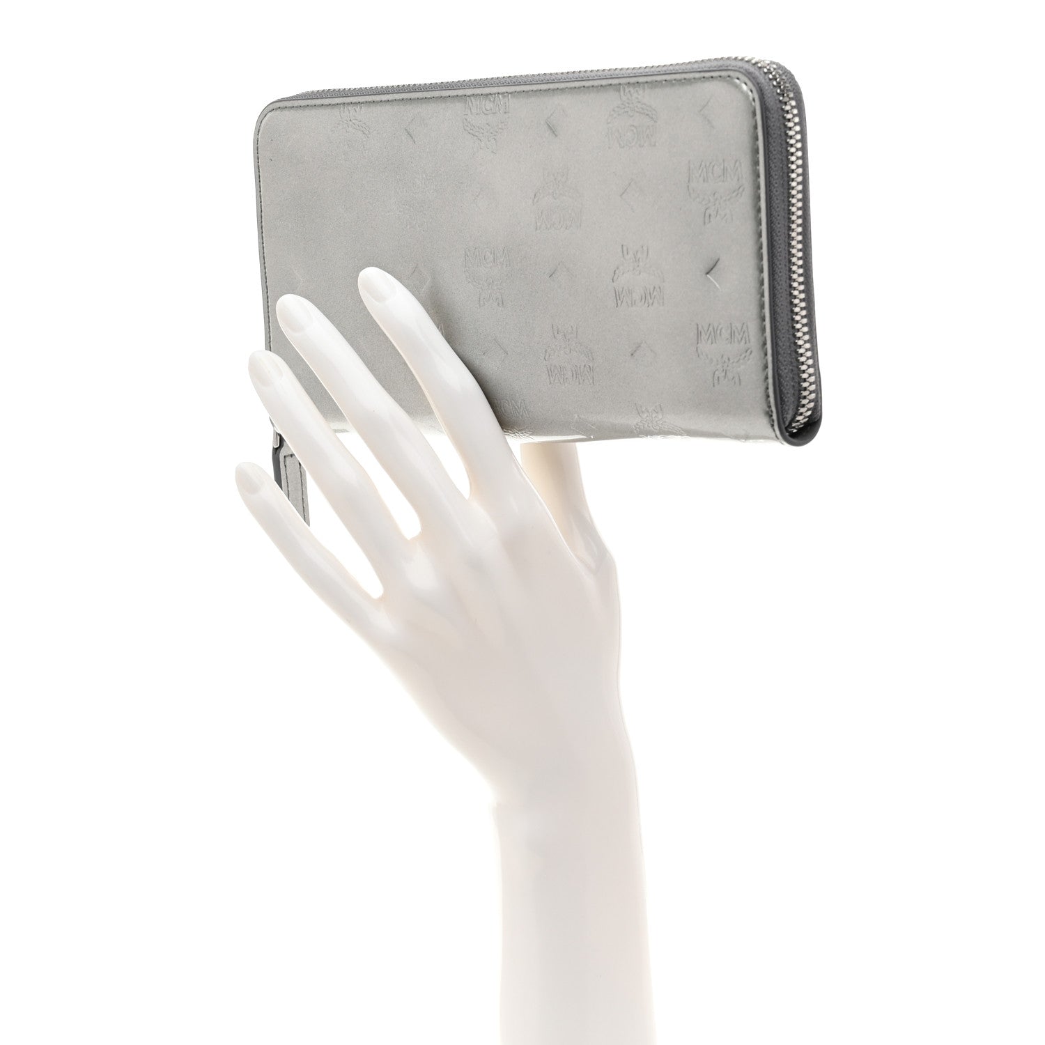 Metallic Monogram Patent Large Zip Around Wallet Silver