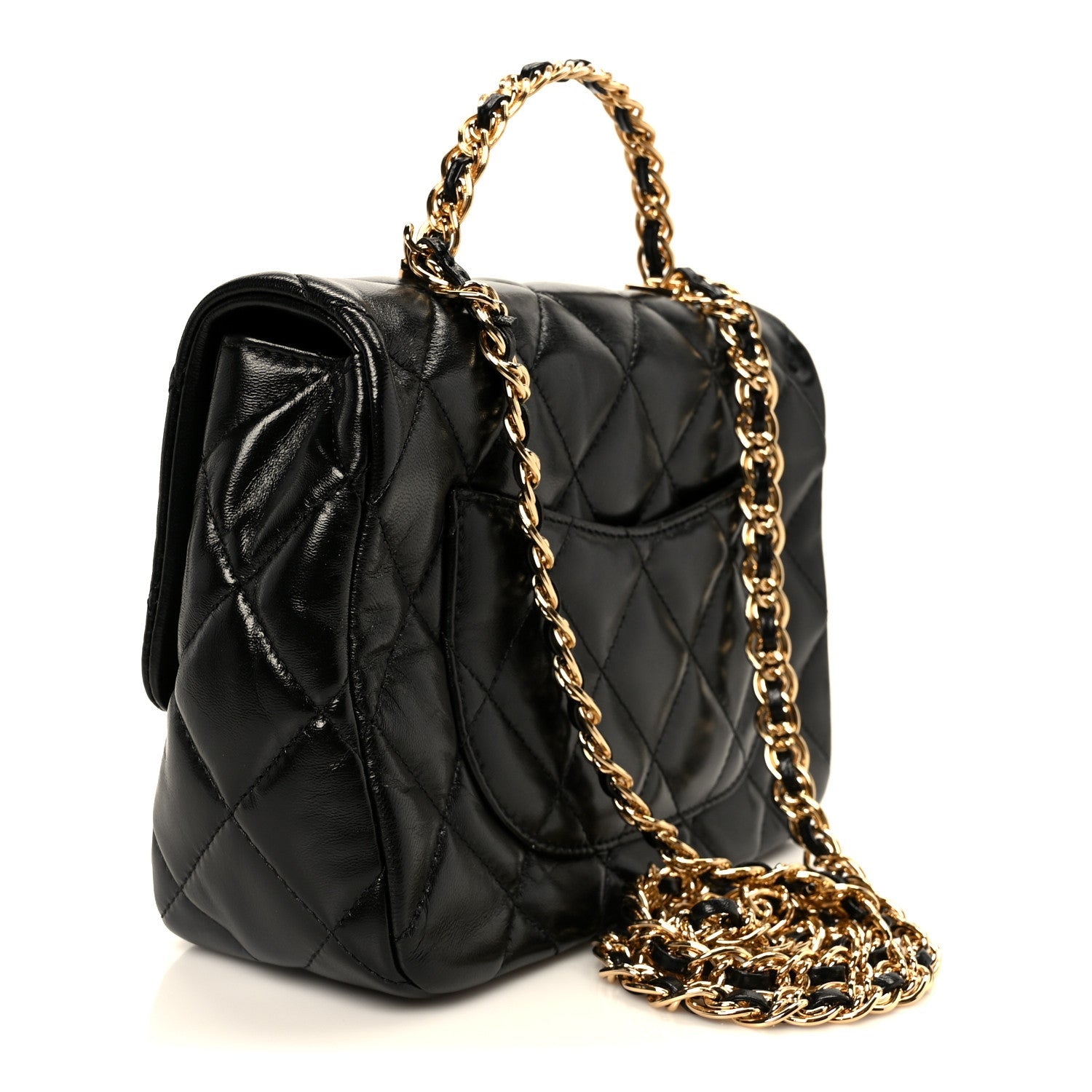 Shiny Lambskin Quilted Golden Links Top Handle Flap Black
