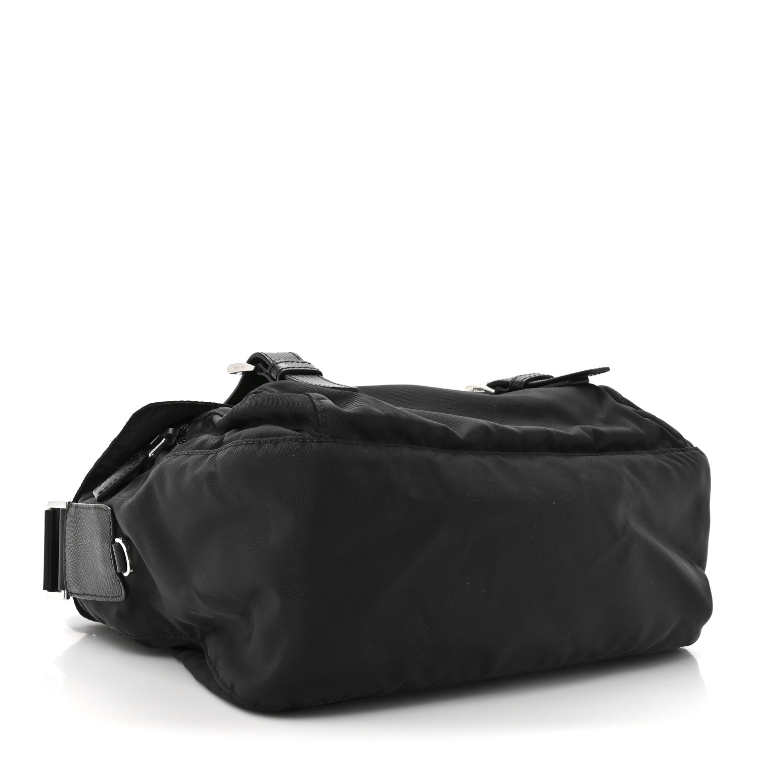 Re-Nylon Vela Saffiano Pocket Double Buckle Messenger Shoulder Bag Black