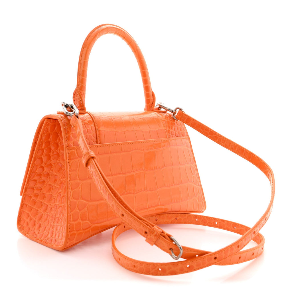 Shiny Calfskin Crocodile Embossed Small Hourglass Top Handle Bag Pop Orange