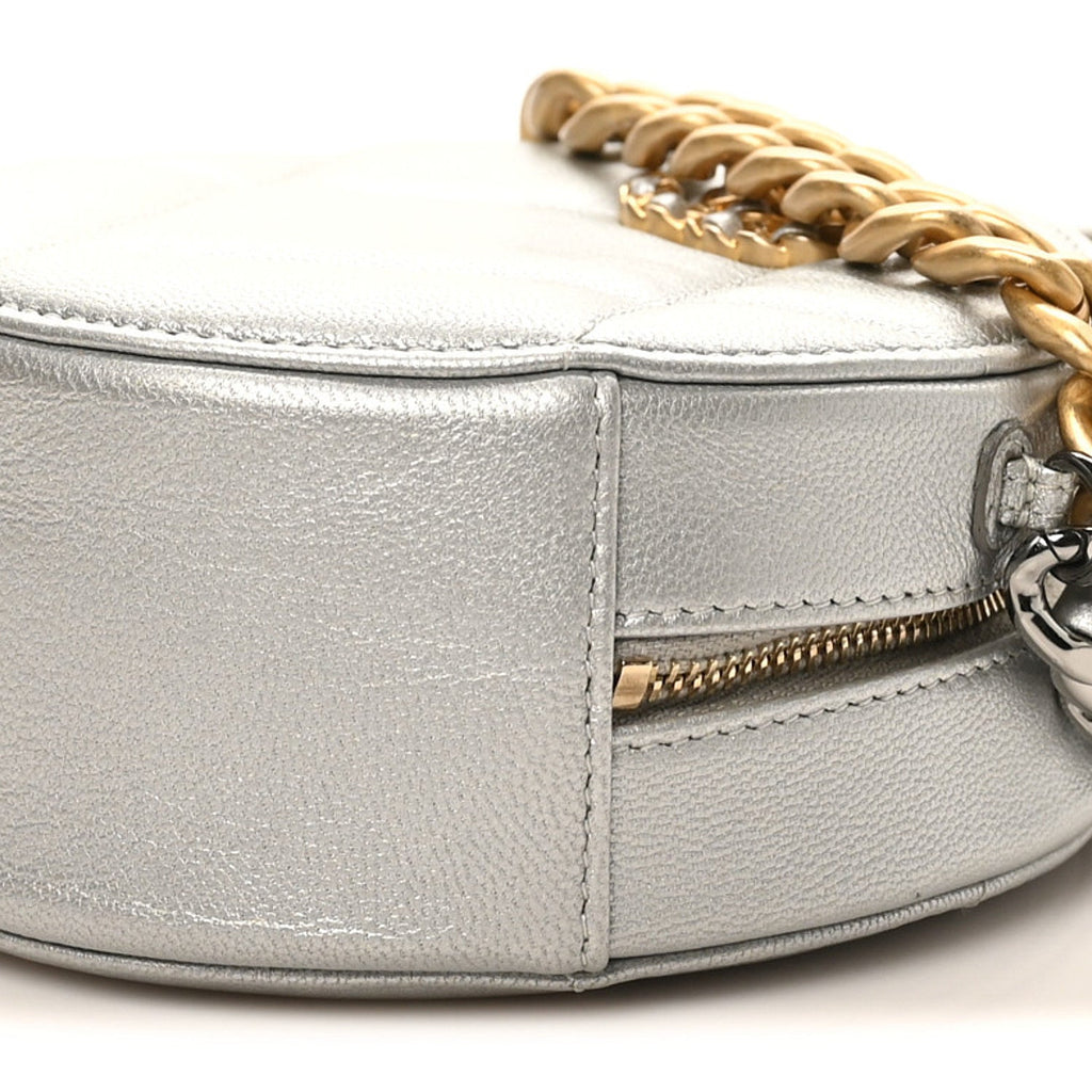 Metallic Lambskin Quilted Chanel 19 Round Clutch With Chain Silver