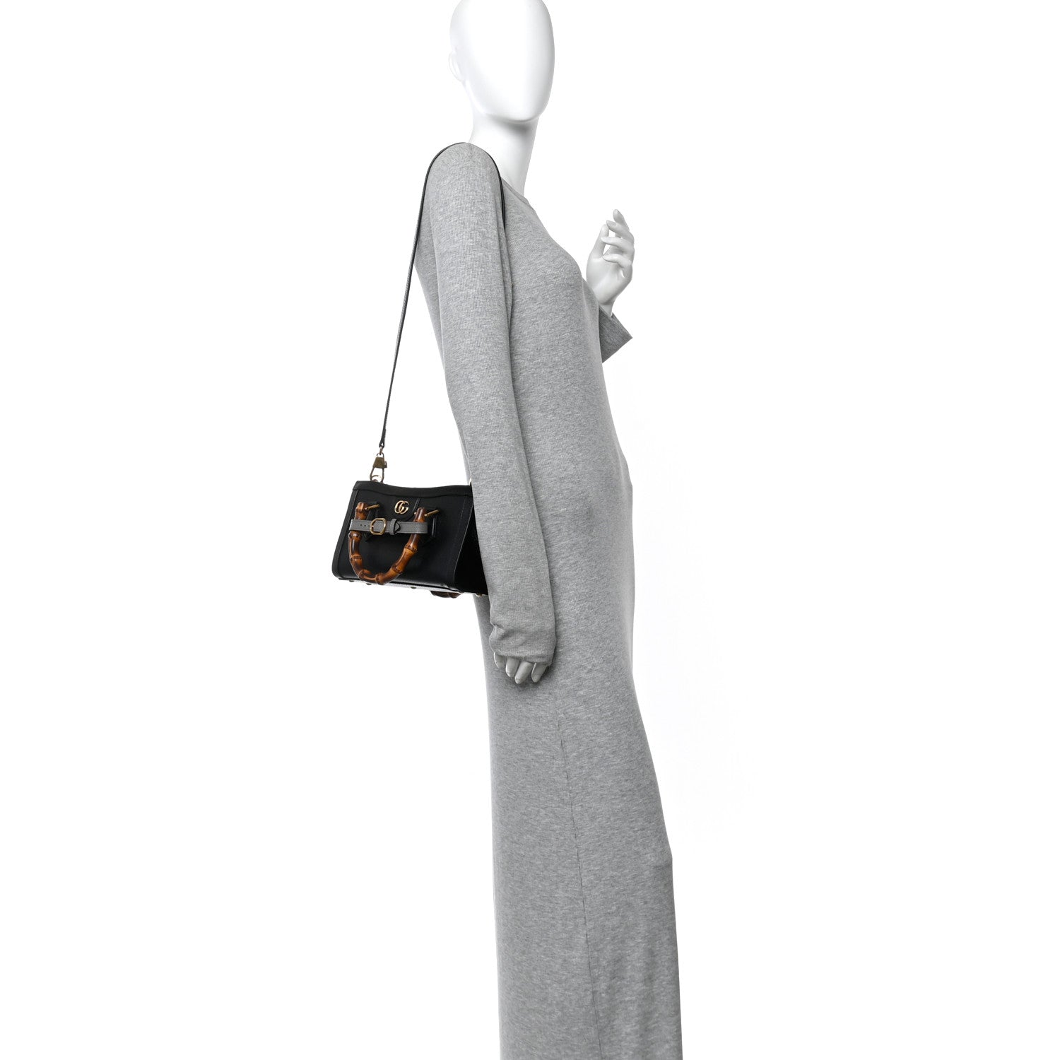 Textured Dollar Calfskin Web Small Diana Shoulder Bag Black Dusty Grey