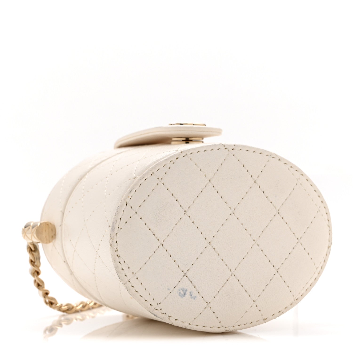 Lambskin Quilted Round Mini Vanity Case With Chain Case With Chain White