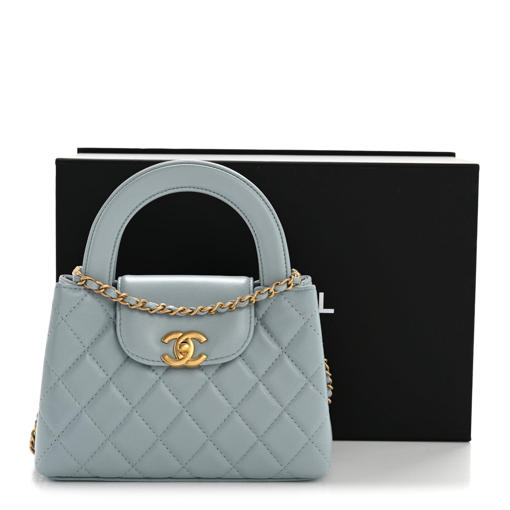 Shiny Aged Calfskin Quilted Nano Kelly Shopper Light Blue
