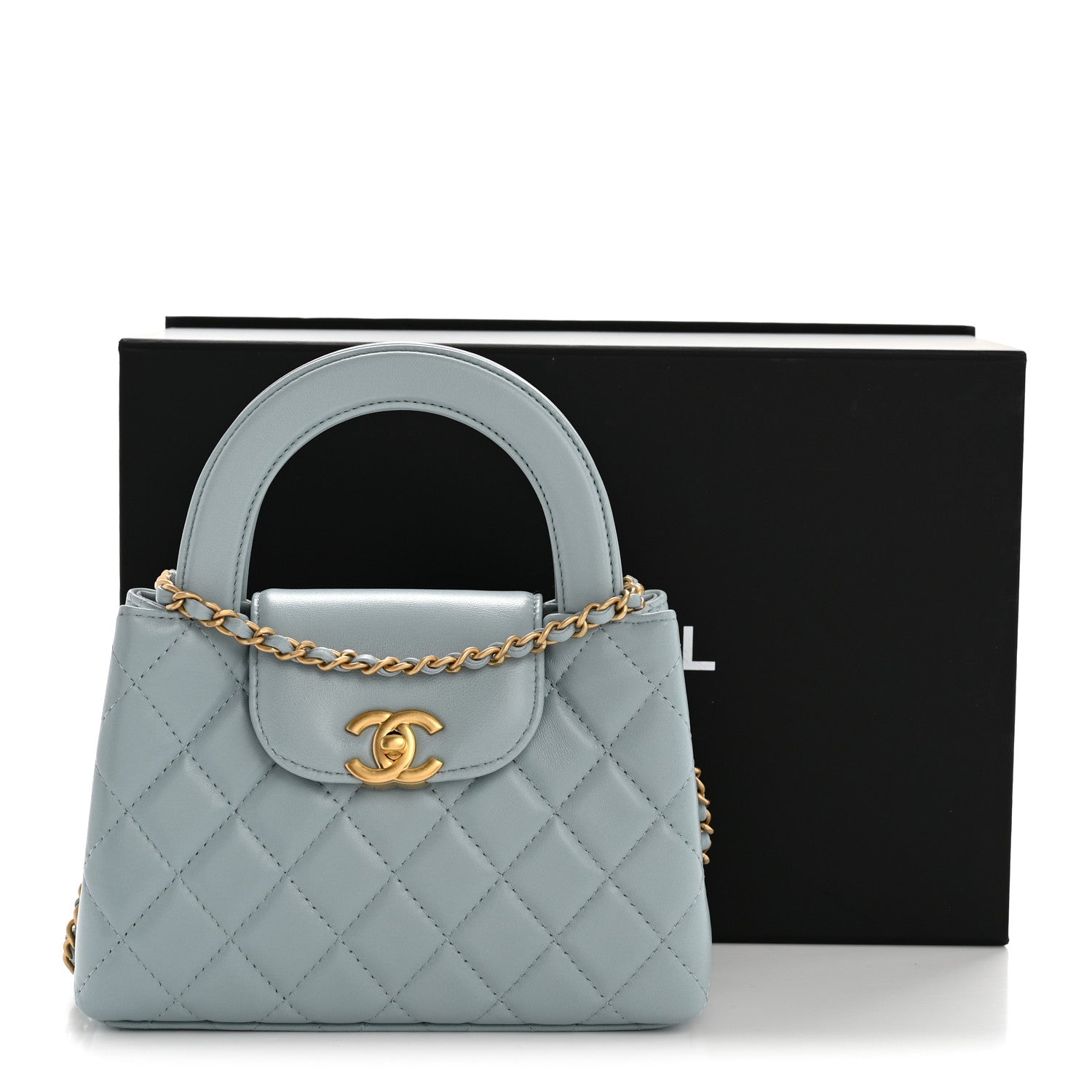 Shiny Aged Calfskin Quilted Nano Kelly Shopper Light Blue