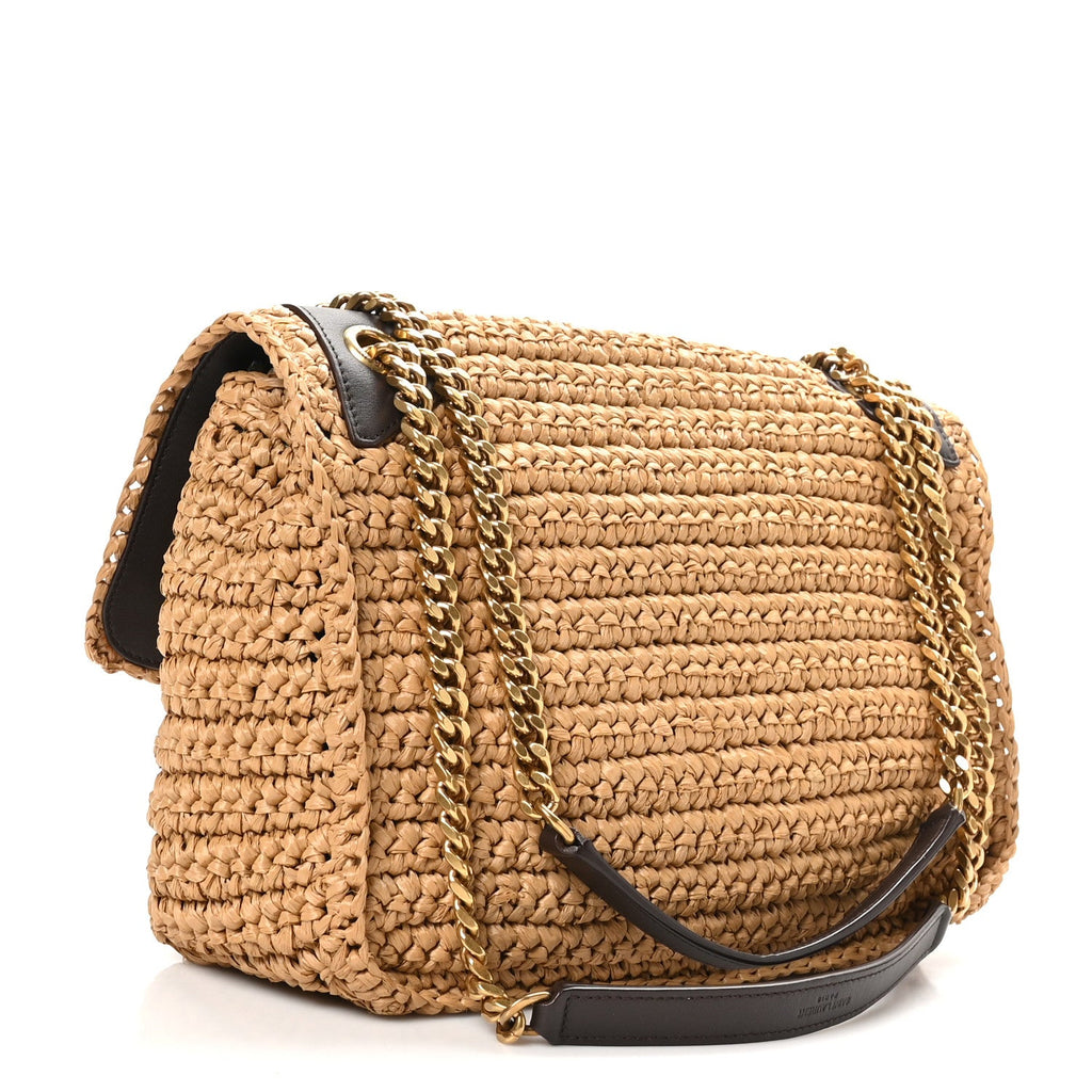Raffia Calfskin Monogram Medium Niki Chain Satchel Natural