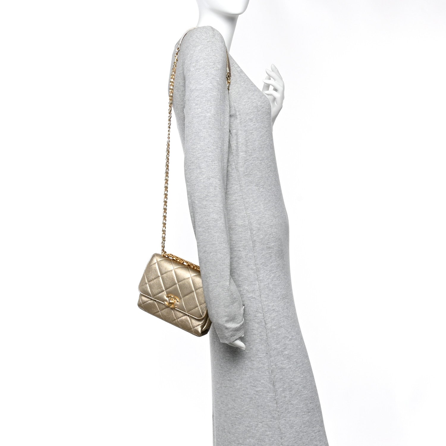 Metallic Lambskin Quilted Mini CC Crystal Logo Chain Flap Gold