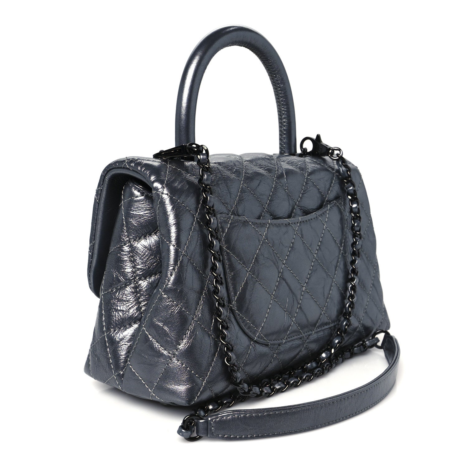 Metallic Aged Calfskin Quilted Mini Coco Handle Flap Charcoal