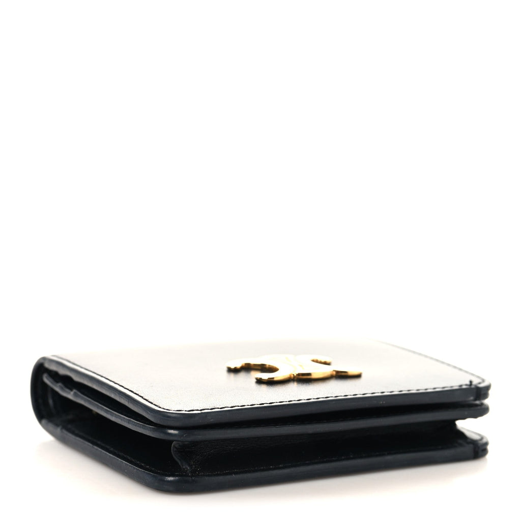 Shiny Calfskin Triomphe Compact Wallet Black