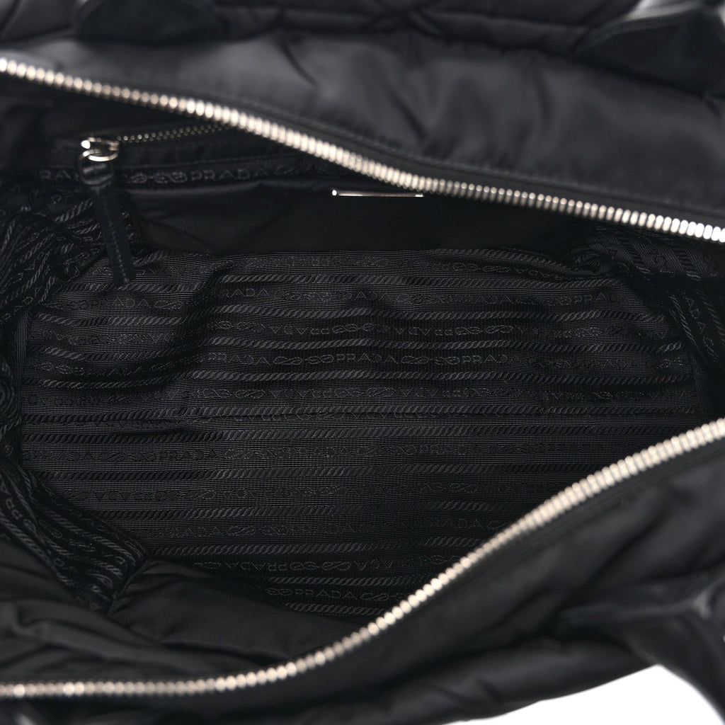 Re-Nylon Nappa Triangle Quilted Padded Medium Double Handled Zip Tote Black