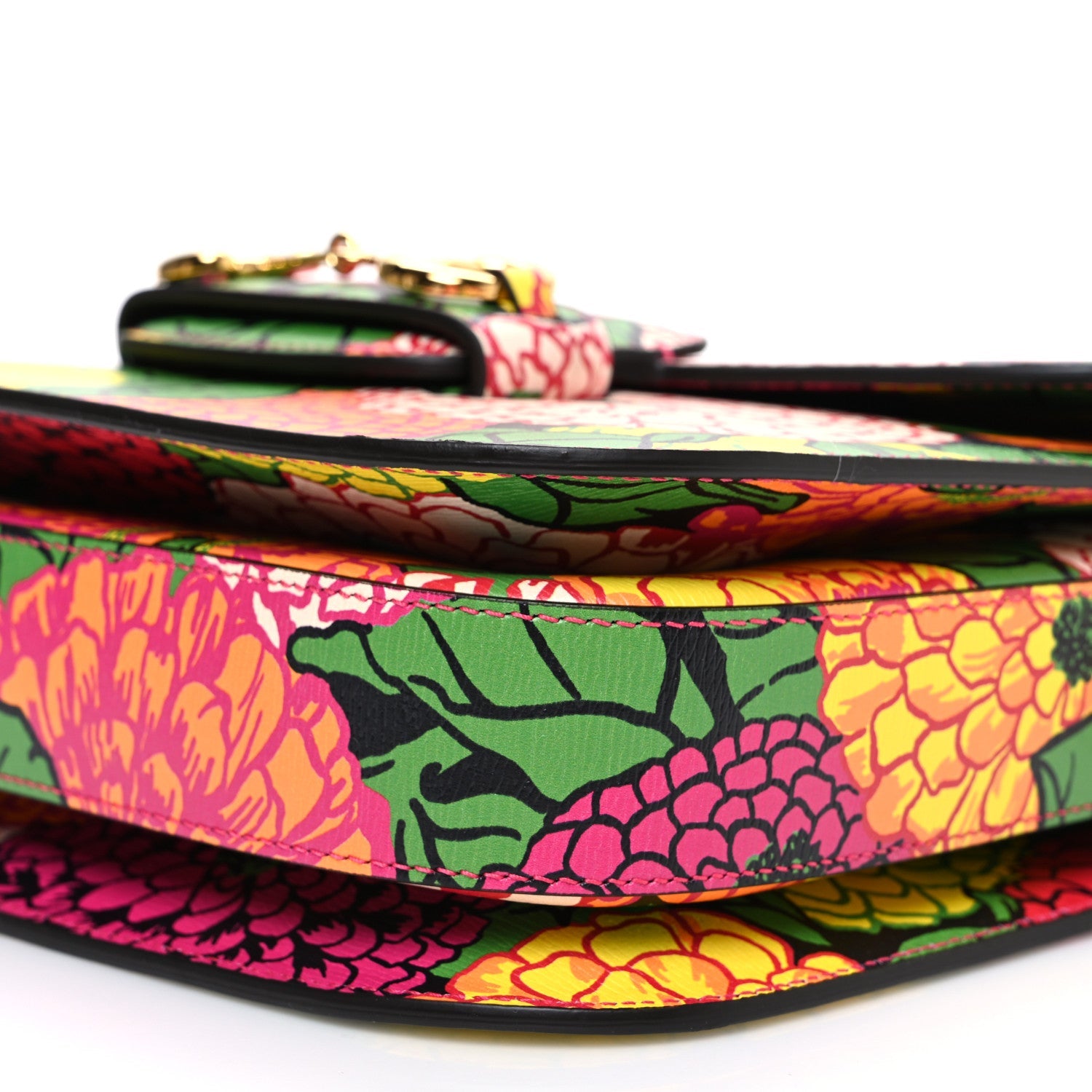 X KEN SCOTT Textured Calfskin Pomponica Print Horsebit 1955 Shoulder Bag Multicolor Fuxia Pompom