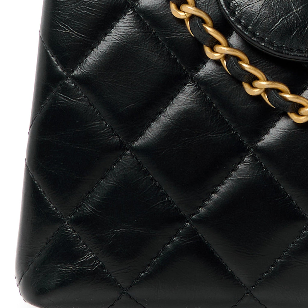 Shiny Aged Calfskin Quilted Nano Kelly Shopper Black