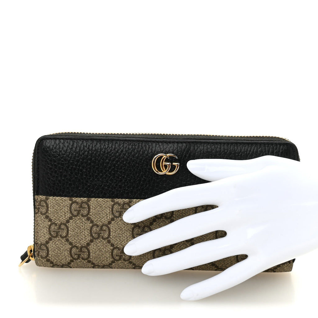 Dollar Calfskin GG Supreme Monogram GG Marmont Zip Around Wallet Black Beige Ebony