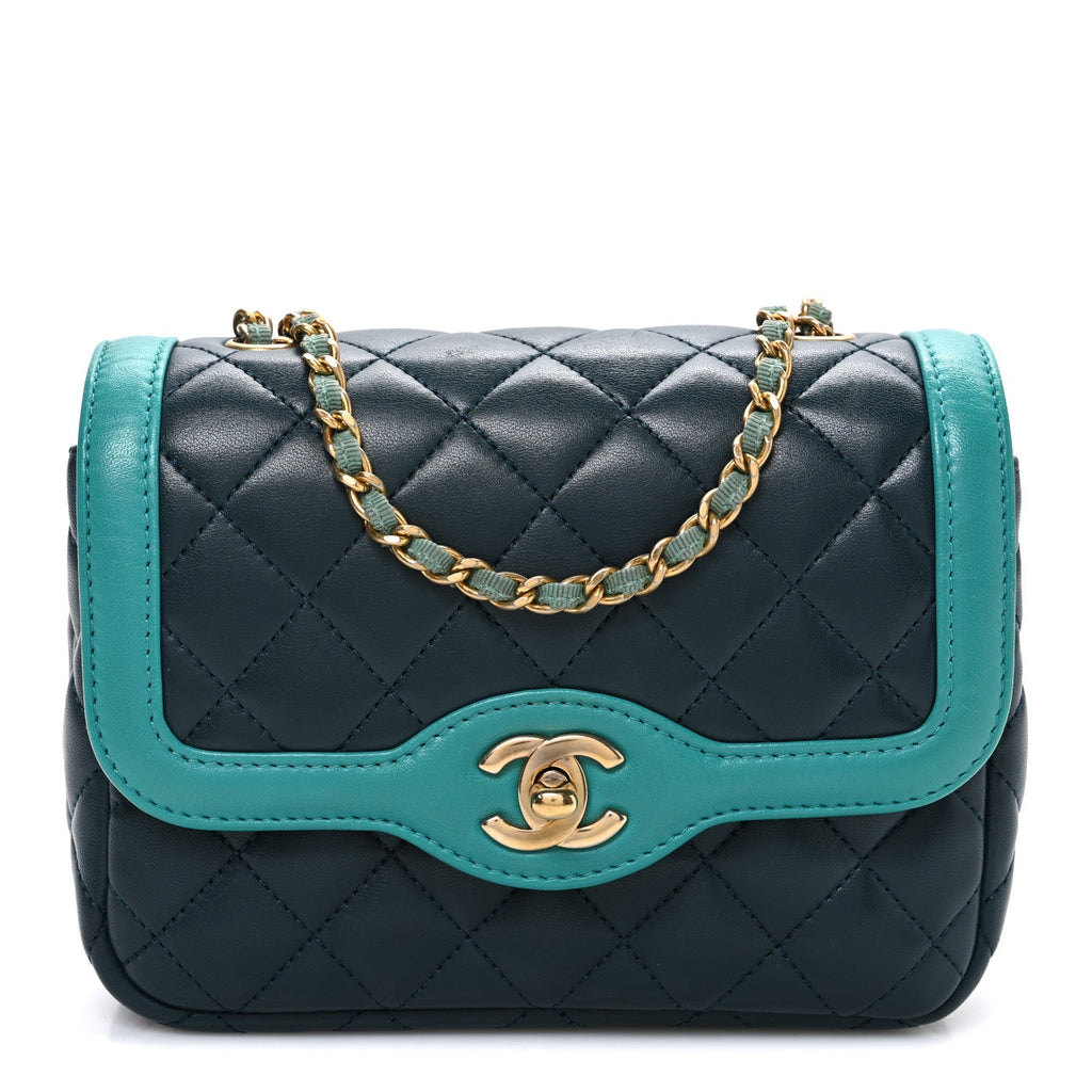 Lambskin Quilted Mini Two Tone Day Flap Navy Turquoise