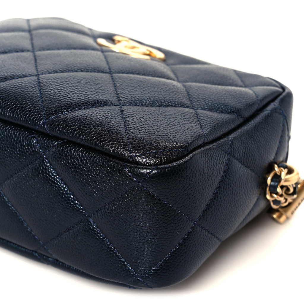Shiny Caviar Quilted Chain Melody Camera Bag Dark Blue