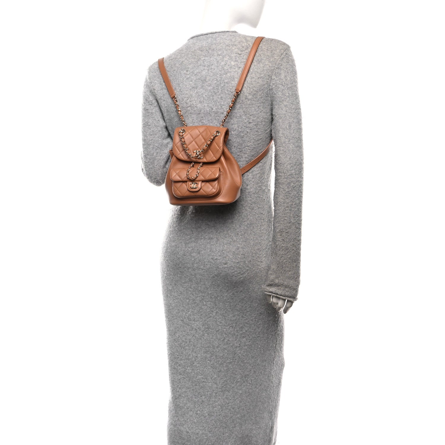 Quilted Small Duma Pockets Drawstring Backpack Light Brown