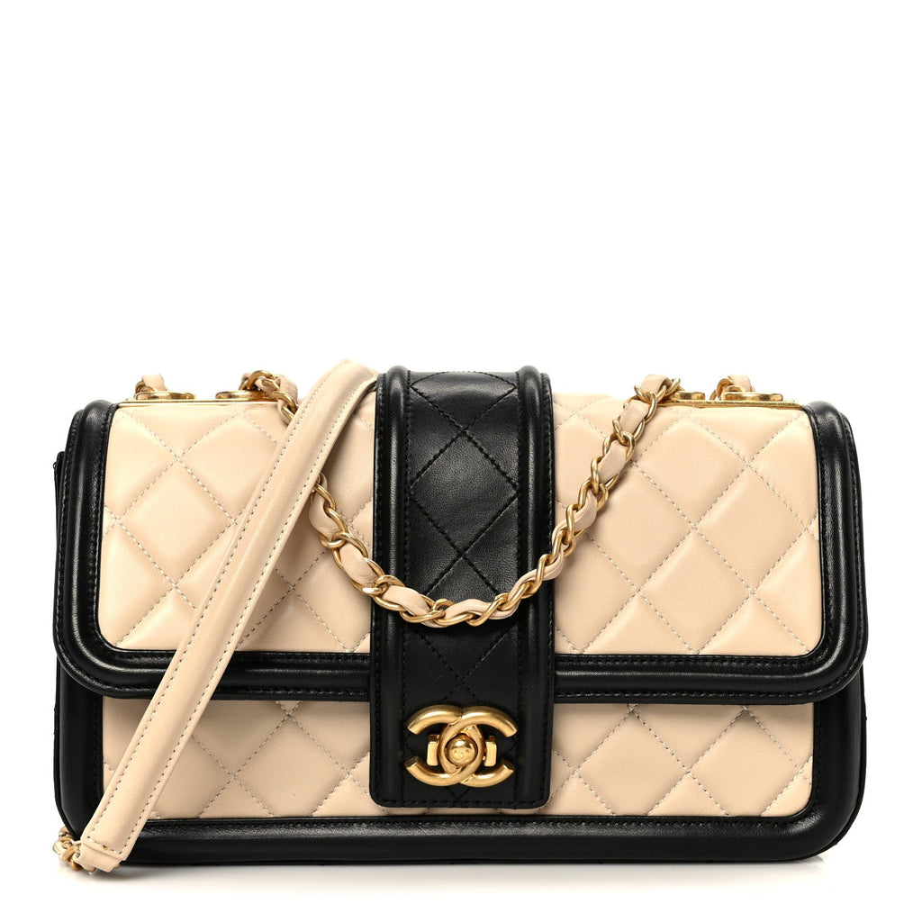 Lambskin Quilted Medium Elegant CC Flap Beige Black