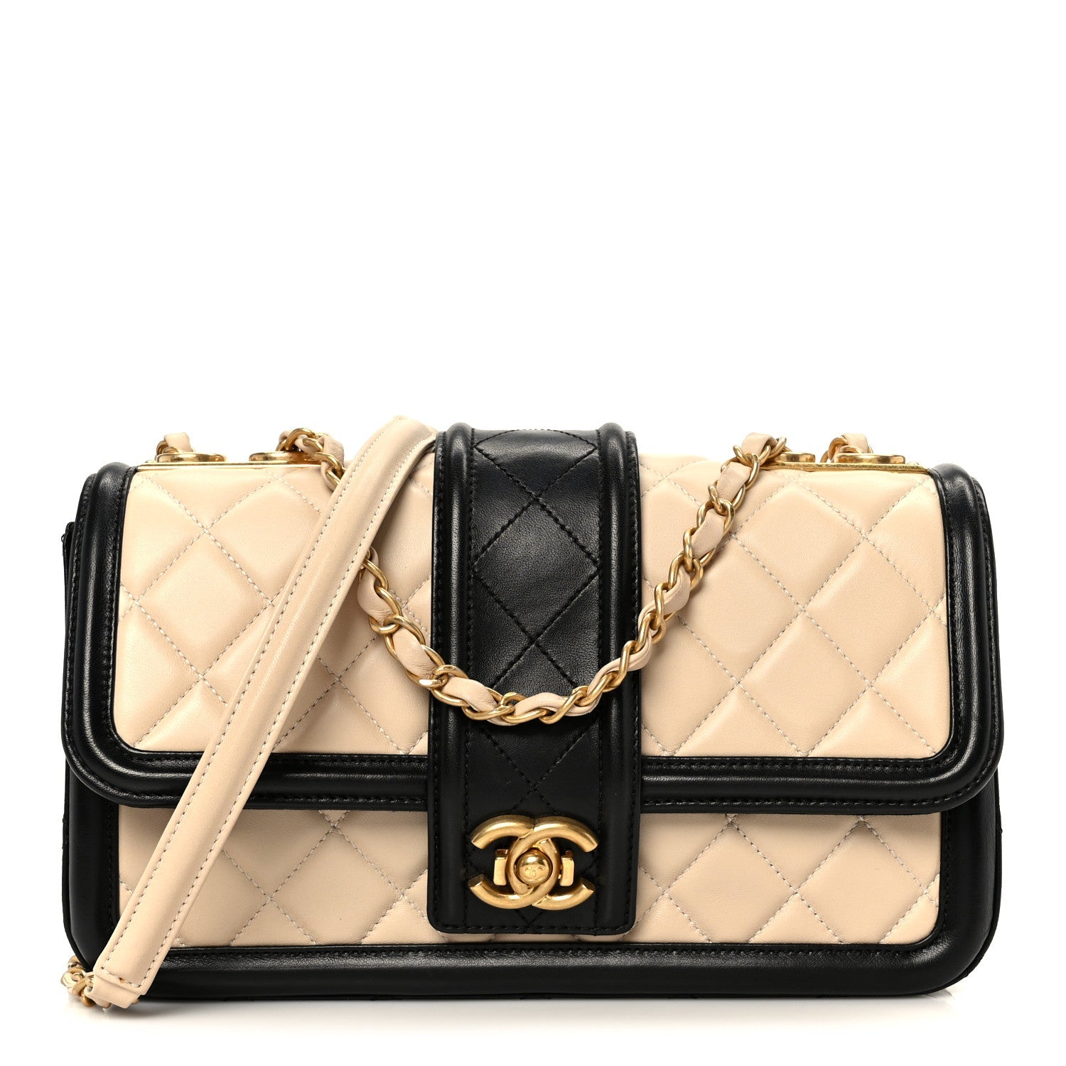 Lambskin Quilted Medium Elegant CC Flap Beige Black