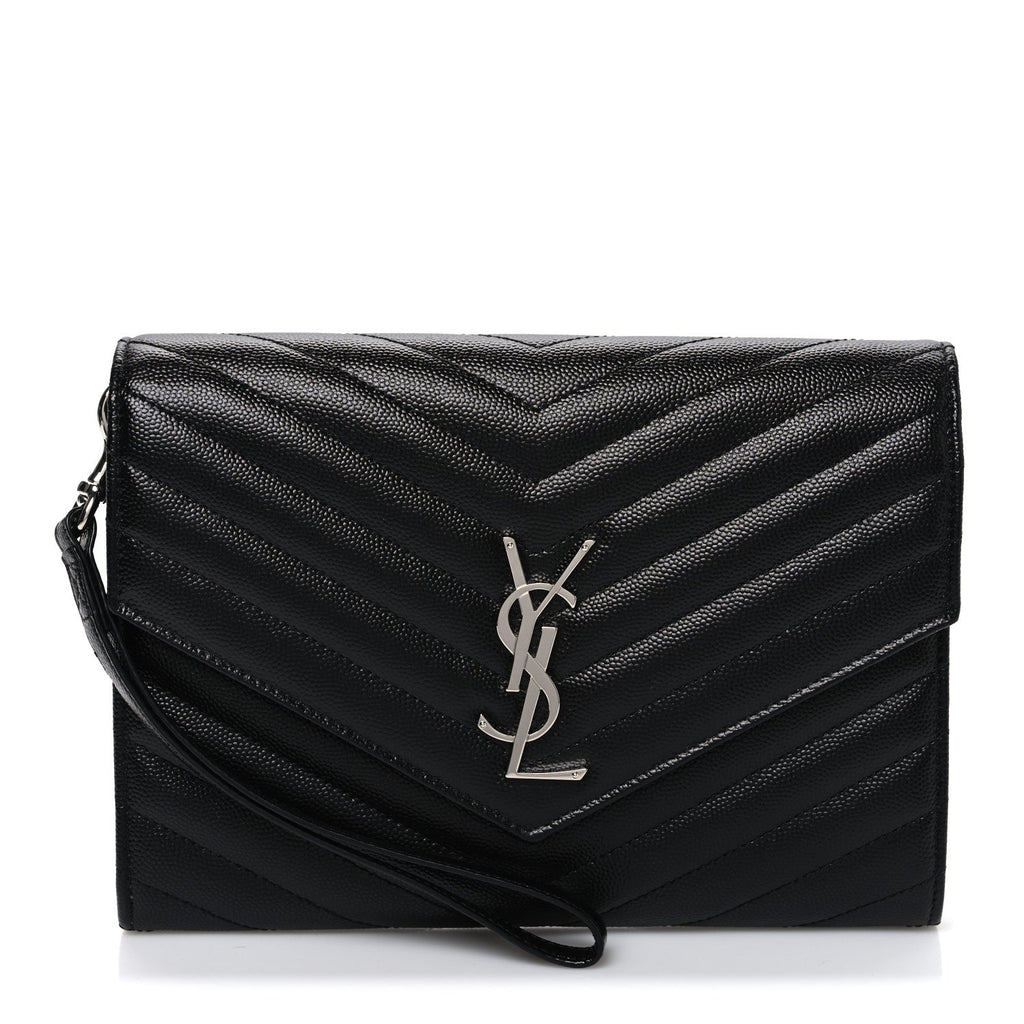 Grain De Poudre Matelasse Chevron Monogram Envelope Clutch Black