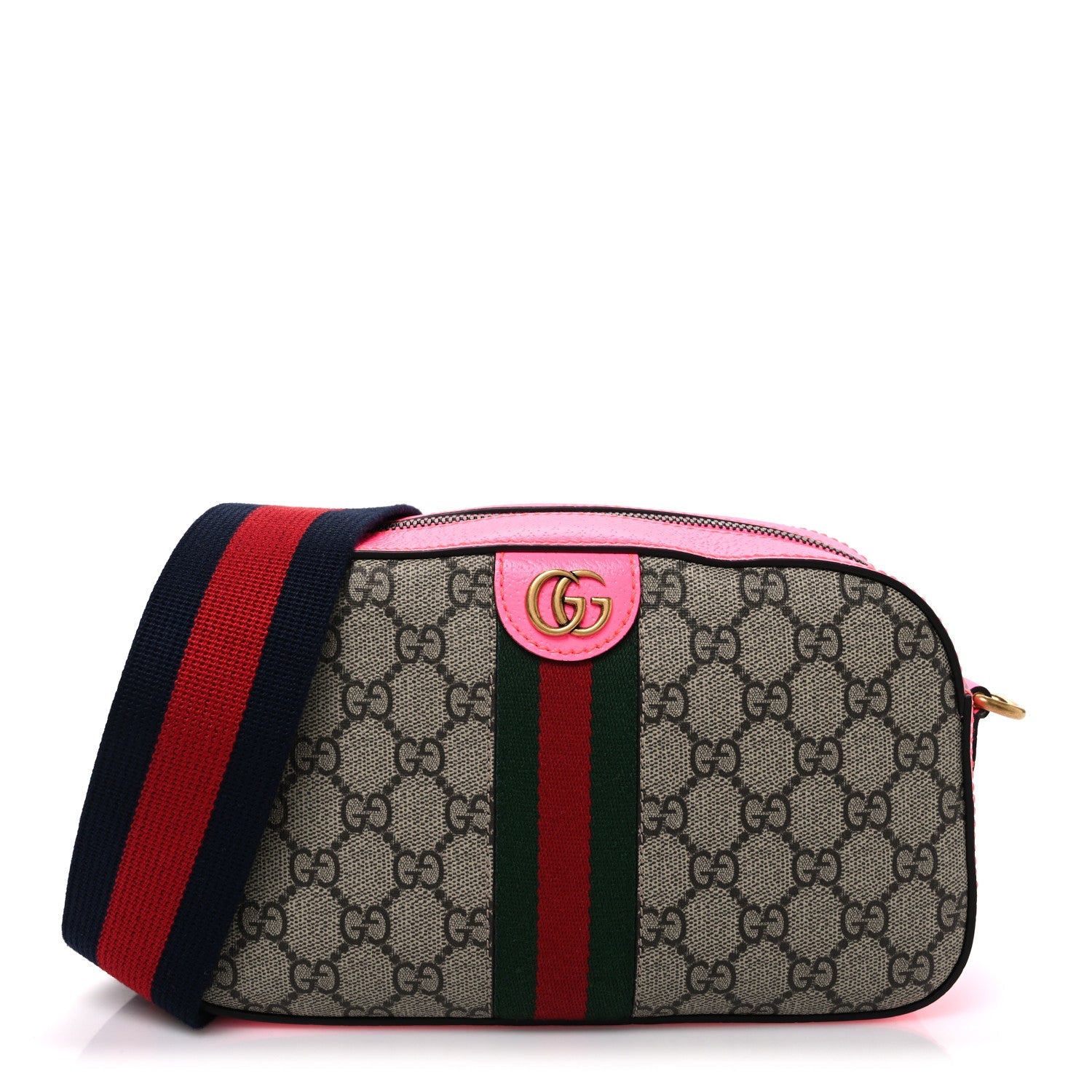 GG Supreme Monogram Textured Dollar Calfskin Web Ophidia Small Crossbody Bag Beige Ebony Fuchsia