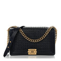 Lambskin Braided Woven Medium Boy Flap Navy Black