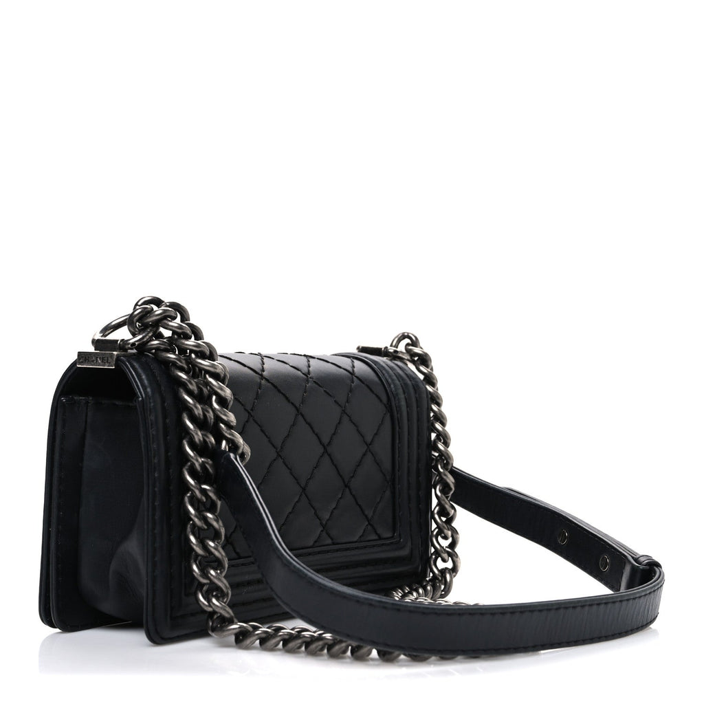 Calfskin Double Stitch Small Boy Flap Black