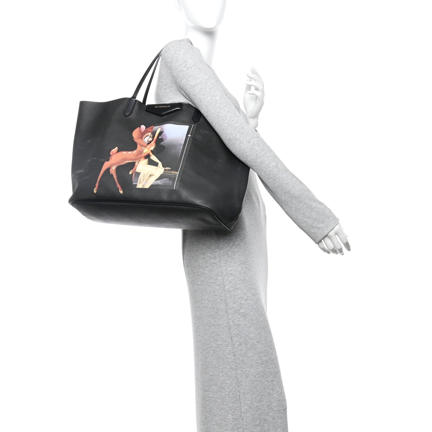 Textured Coated Canvas Bambi Print Large Antigona Tote Black