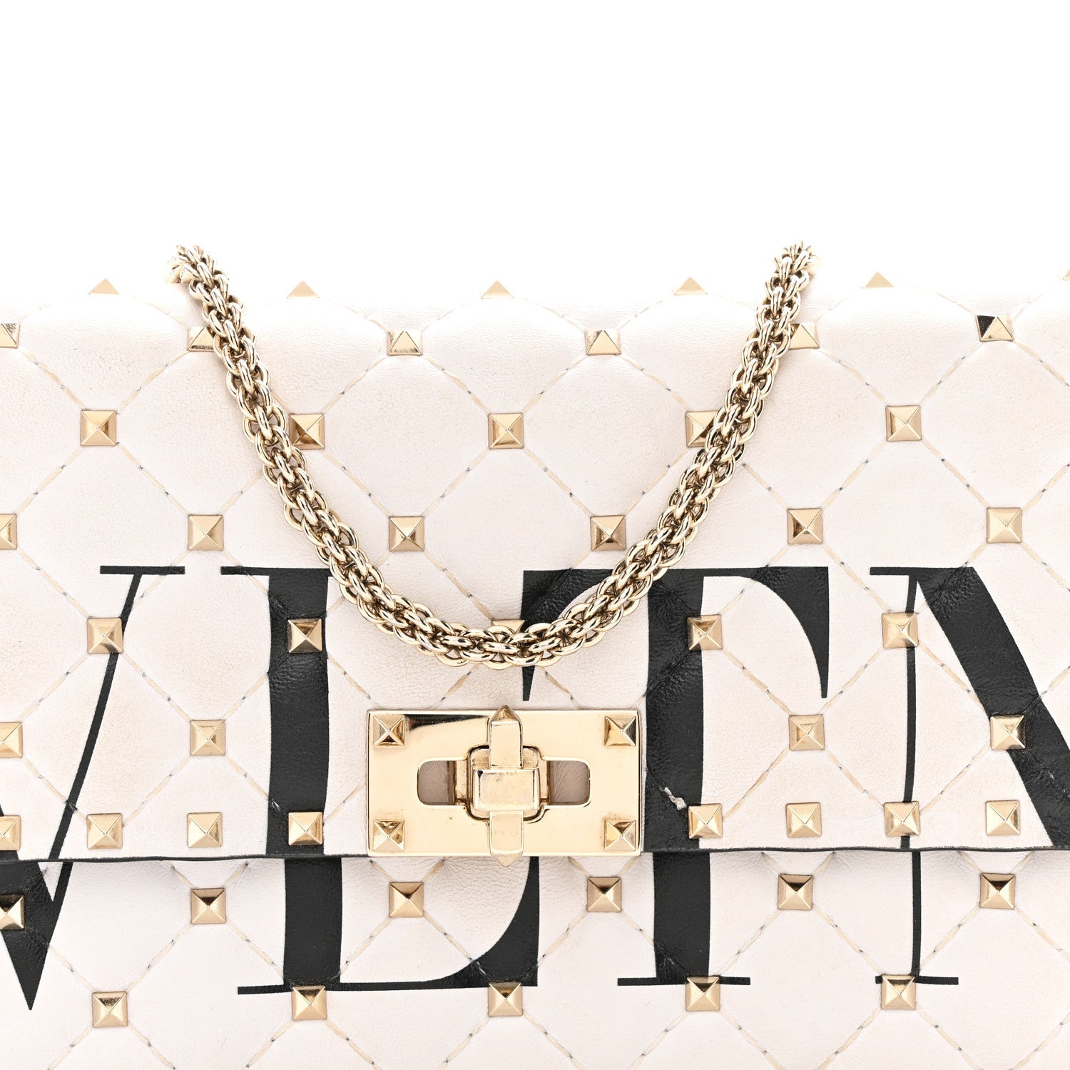 Lambskin VLTN Print Rockstud Spike Wallet On Chain White
