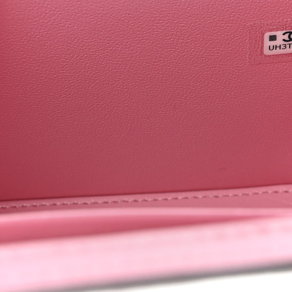 Lambskin Quilted Small Top Handle Vanity Case With Chain Pink