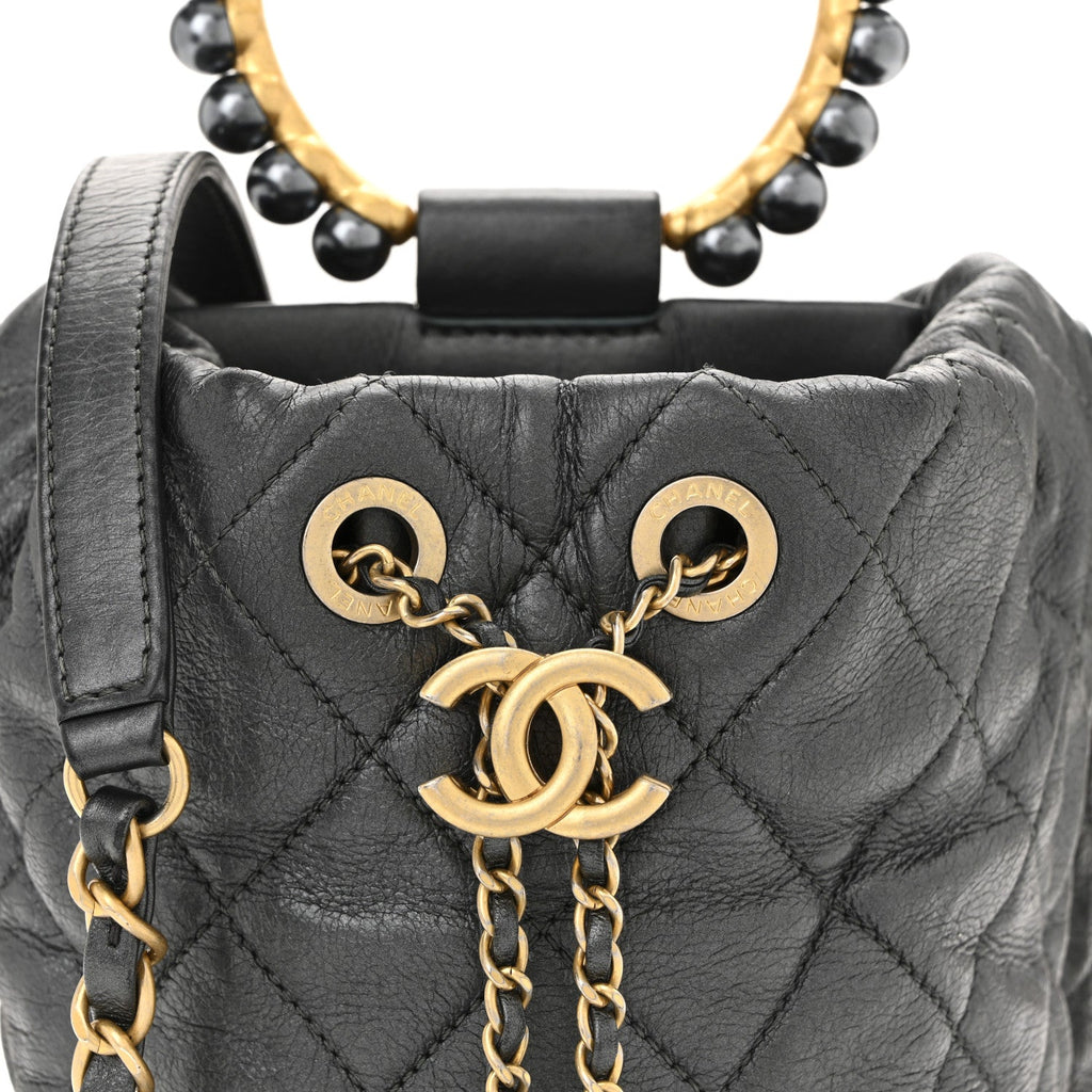 Metallic Lambskin Quilted Pearl Crown Drawstring Bag Anthracite