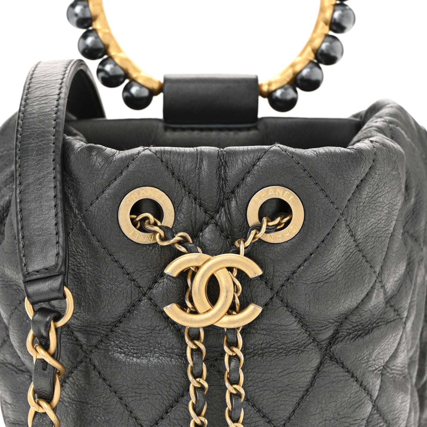 Metallic Lambskin Quilted Pearl Crown Drawstring Bag Anthracite
