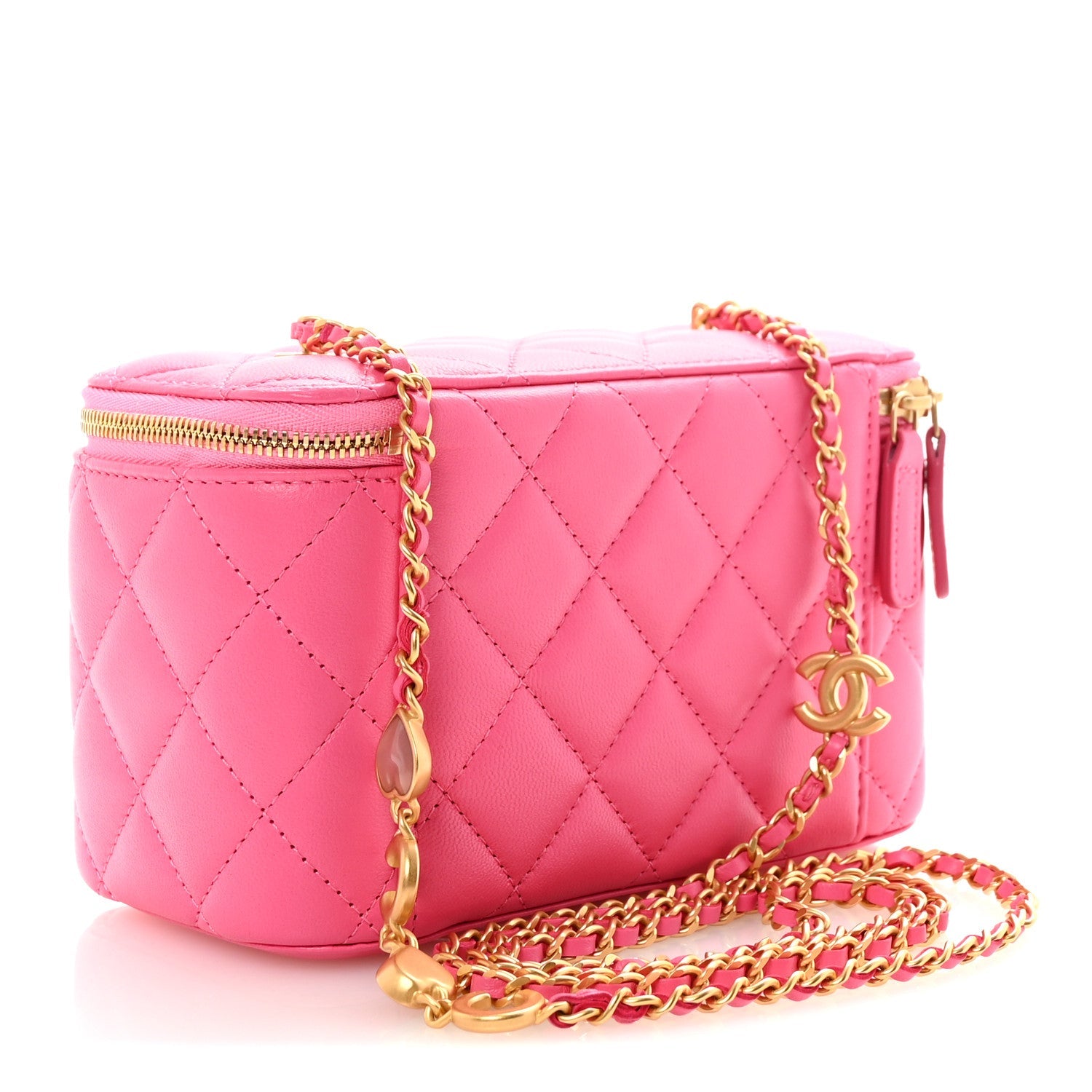Lambskin Enamel Quilted Small Coco Hearts Vanity Case With Chain Pink