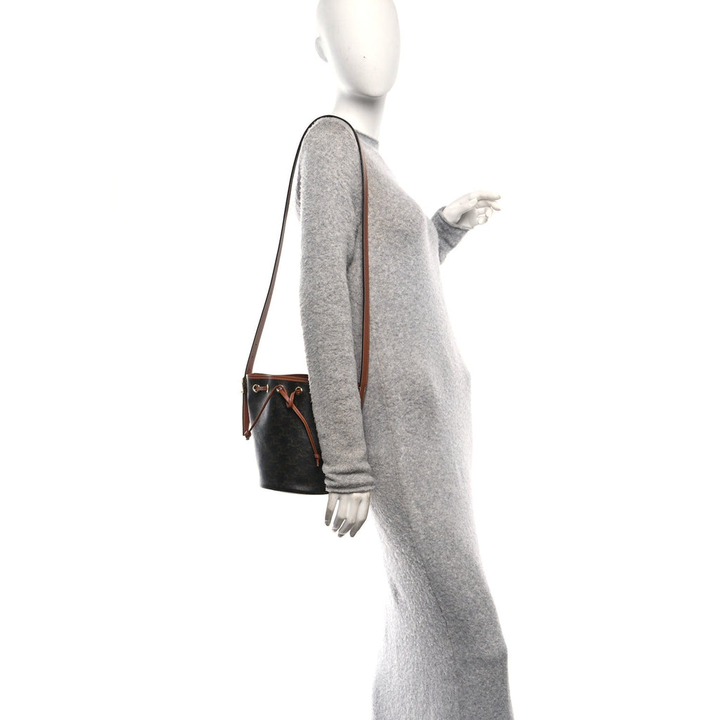 Triomphe Canvas Calfskin Small Drawstring Bucket Bag Tan