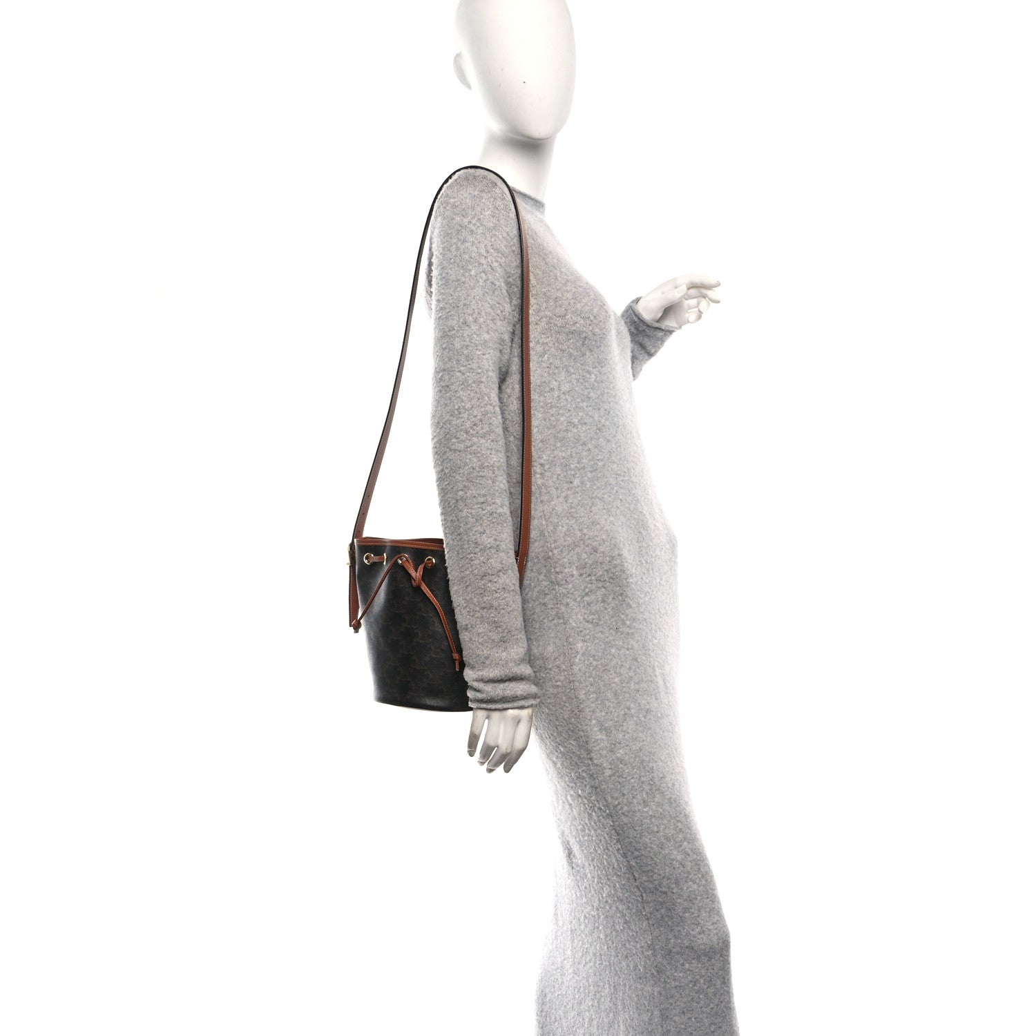 Triomphe Canvas Calfskin Small Drawstring Bucket Bag Tan