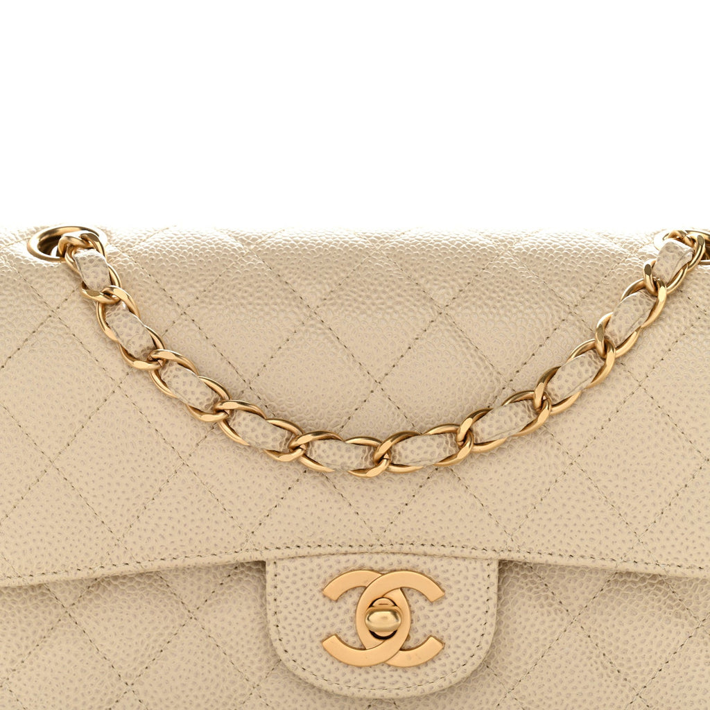 Caviar Quilted Small Double Flap Beige
