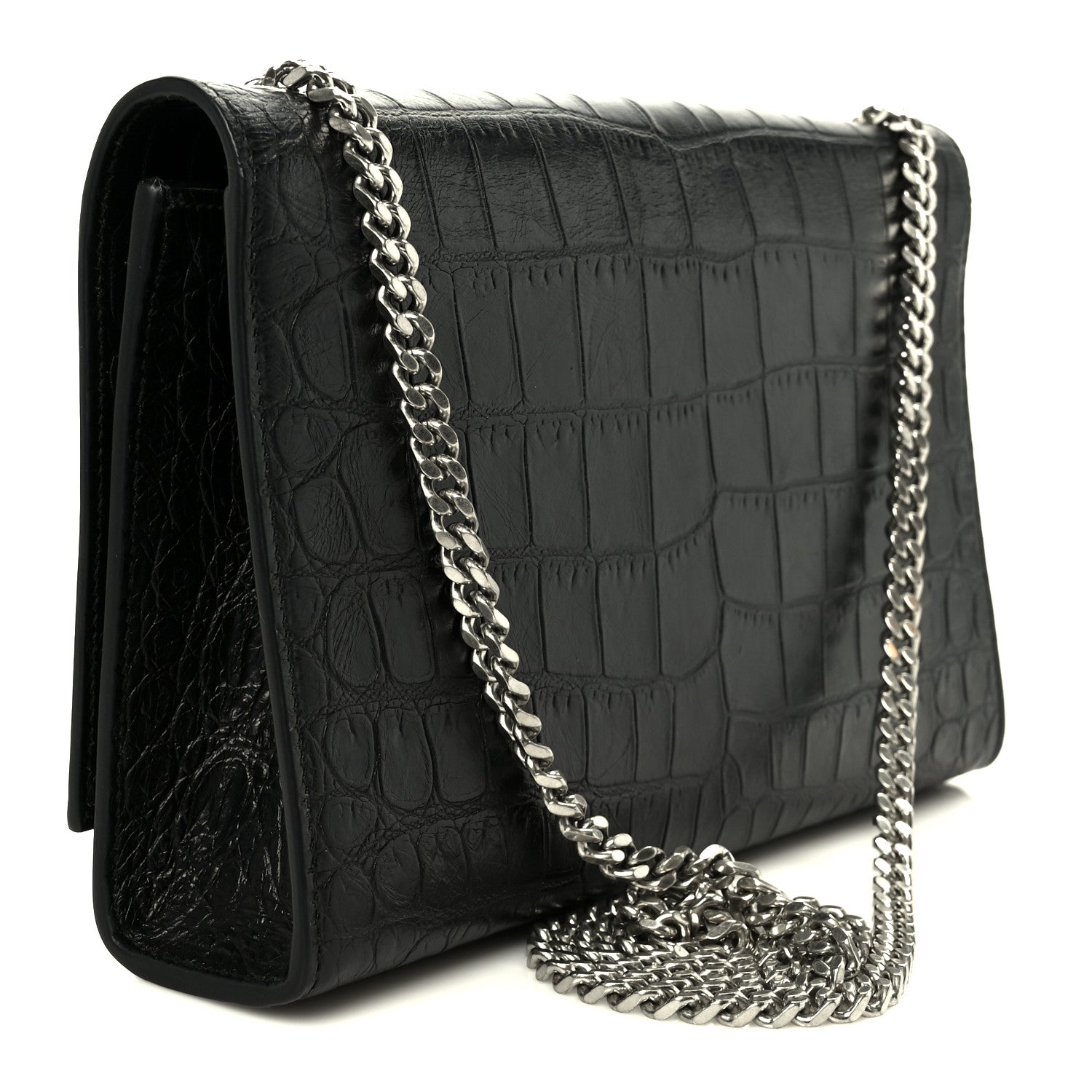 Calfskin Crocodile Embossed Medium Classic Monogram Kate Tassel Satchel Black