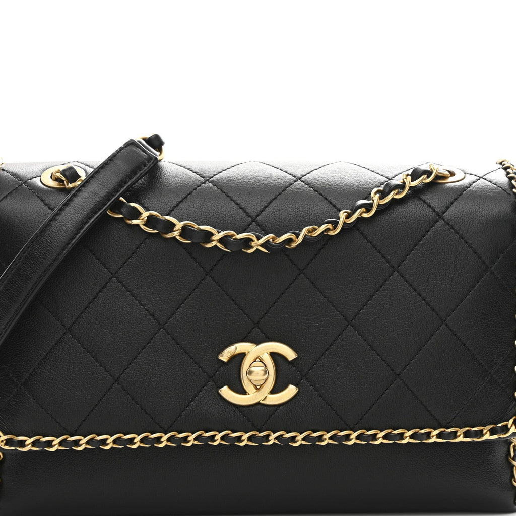 Calfskin Stitched Chain Flap Black