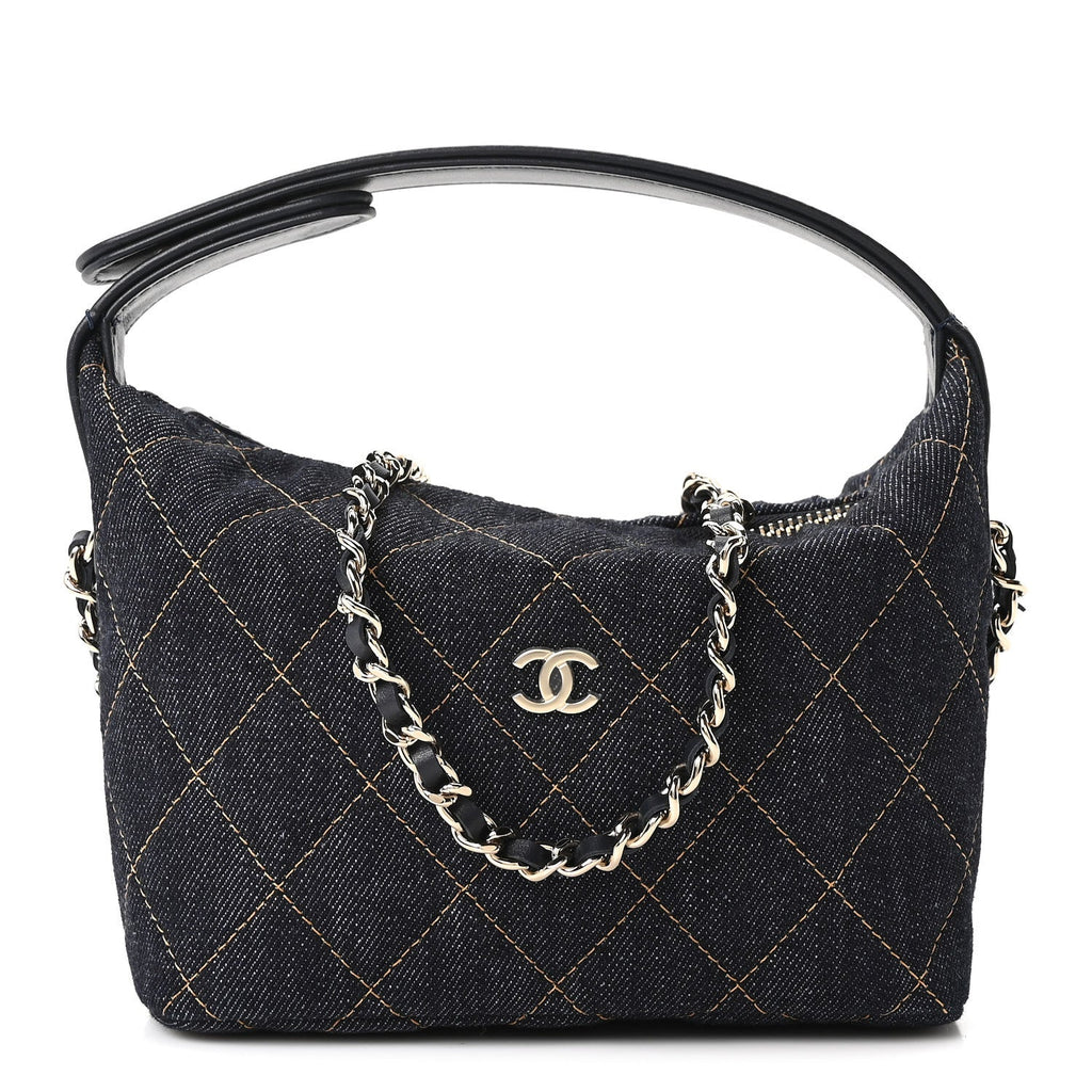 Denim Quilted Hobo Clutch With Chain Dark Blue Orange